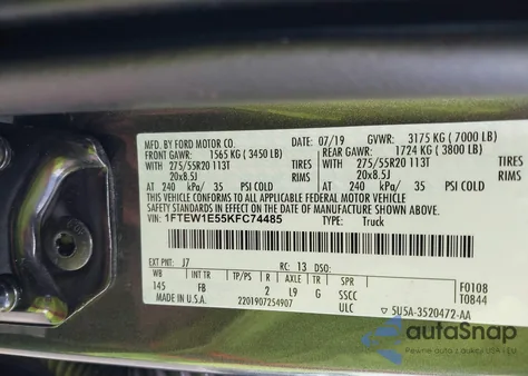 2019 Ford F-150 Xlt из США, поврежденный, VIN 1FTEW1E55KFC74485